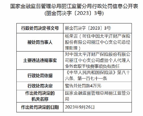 罰單警示 太平洋財險麗江中心支公司因虛掛代理人、代辦貸款被重罰56萬元
